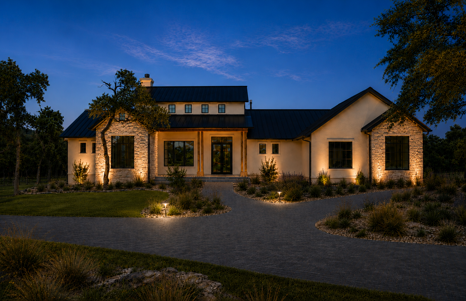 Georgetown home with 10 architectural landscape lights at dusk