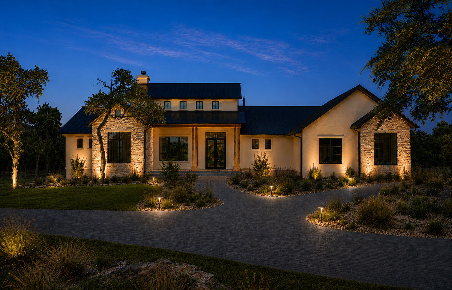 Same Georgetown home with 15 lights illuminating the architecture and landscape