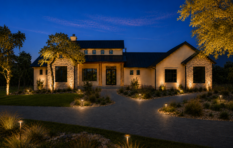 Georgetown home with 20 architectural and landscape lights at dusk